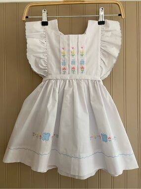 Vintage 80s 90s White Cotton Blend Apron Style Embroidered Dress Size 3